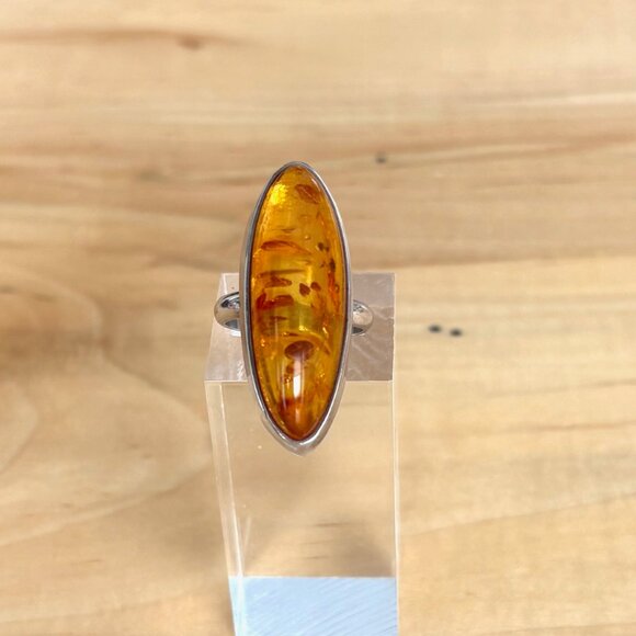 Large Amber & Sterling Silver Statement Ring Artisan Handmade Size 8 - Picture 5 of 16